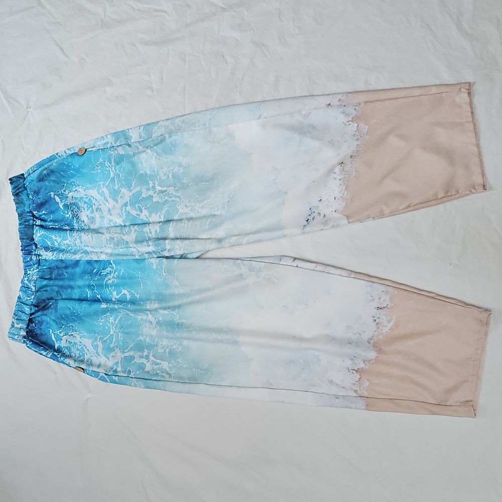 Beach Ocean Wave Sand Themed Elastic Waist Pants Women's Unbranded NWOT